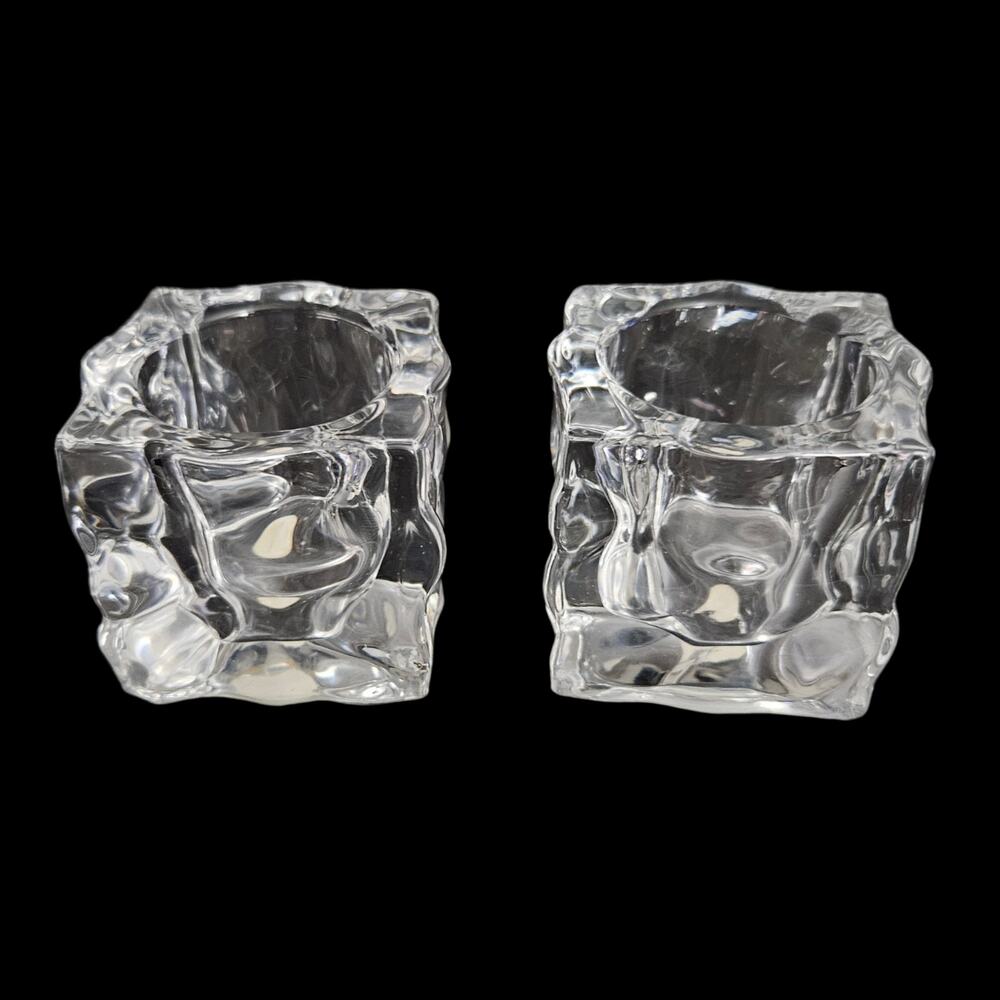 Vintage Pair Clear Ice Cube Glass Votive Candle Holders 2.5" Modern Decor